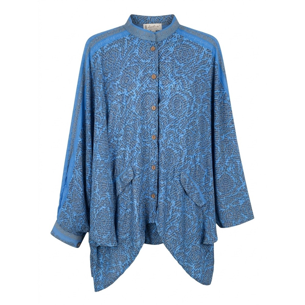 Kantha Bae Blue Abstract Button‎ Up Oversized Boho Tunic Shirt Free Size - CJ